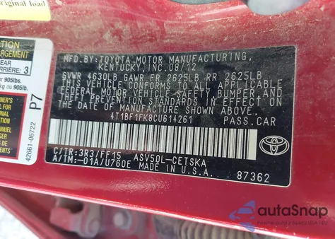 2012 Toyota Camry Se from USA, damaged, VIN 4T1BF1FK8CU614261